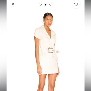 Show Me Your Mumu cream corduroy mini dress with gold belt buckle.